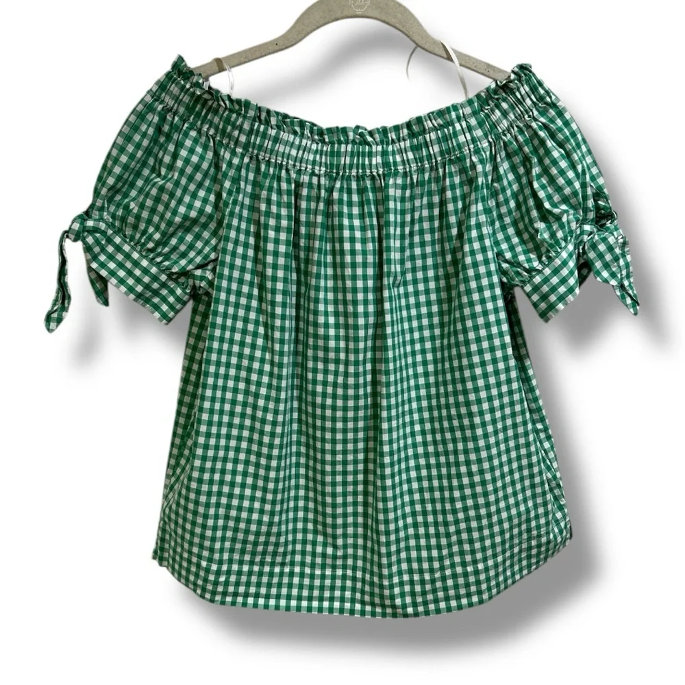 J. Crew Gingham Green and White Puff Sleeve Smocked Blouse Size 2 (NWOT)